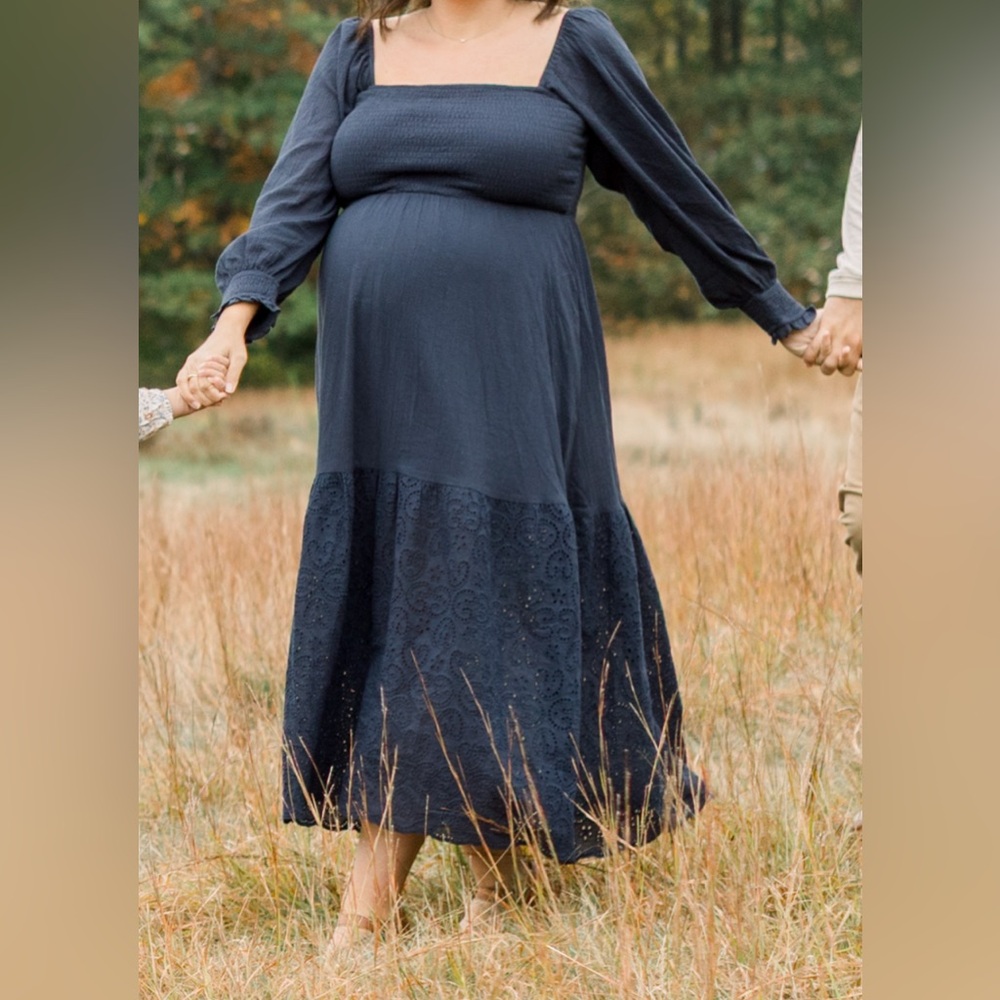 Navy Blue Smocked Eyelet Lace Hem Maternity Maxi Dress - Picture 4 of 4